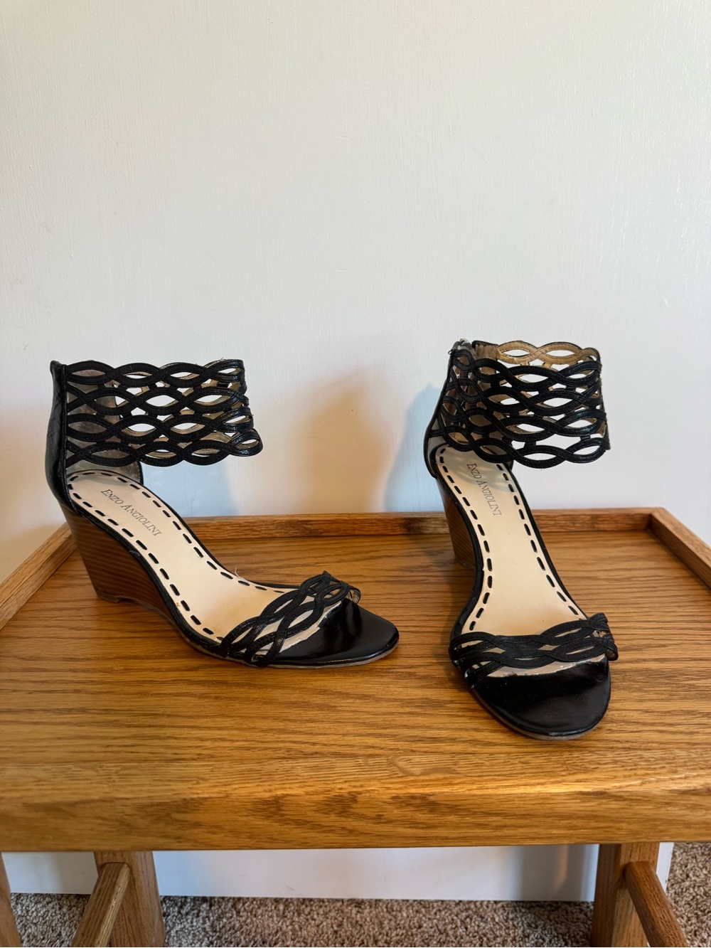 Enzo Angiolini Black Woven Ankle-Strap Wedge Sandals